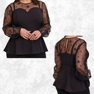 Torrid 2 Black Star Mesh Top – Celestial Sheer Long Sleeve Goth Peplum Blouse Pl